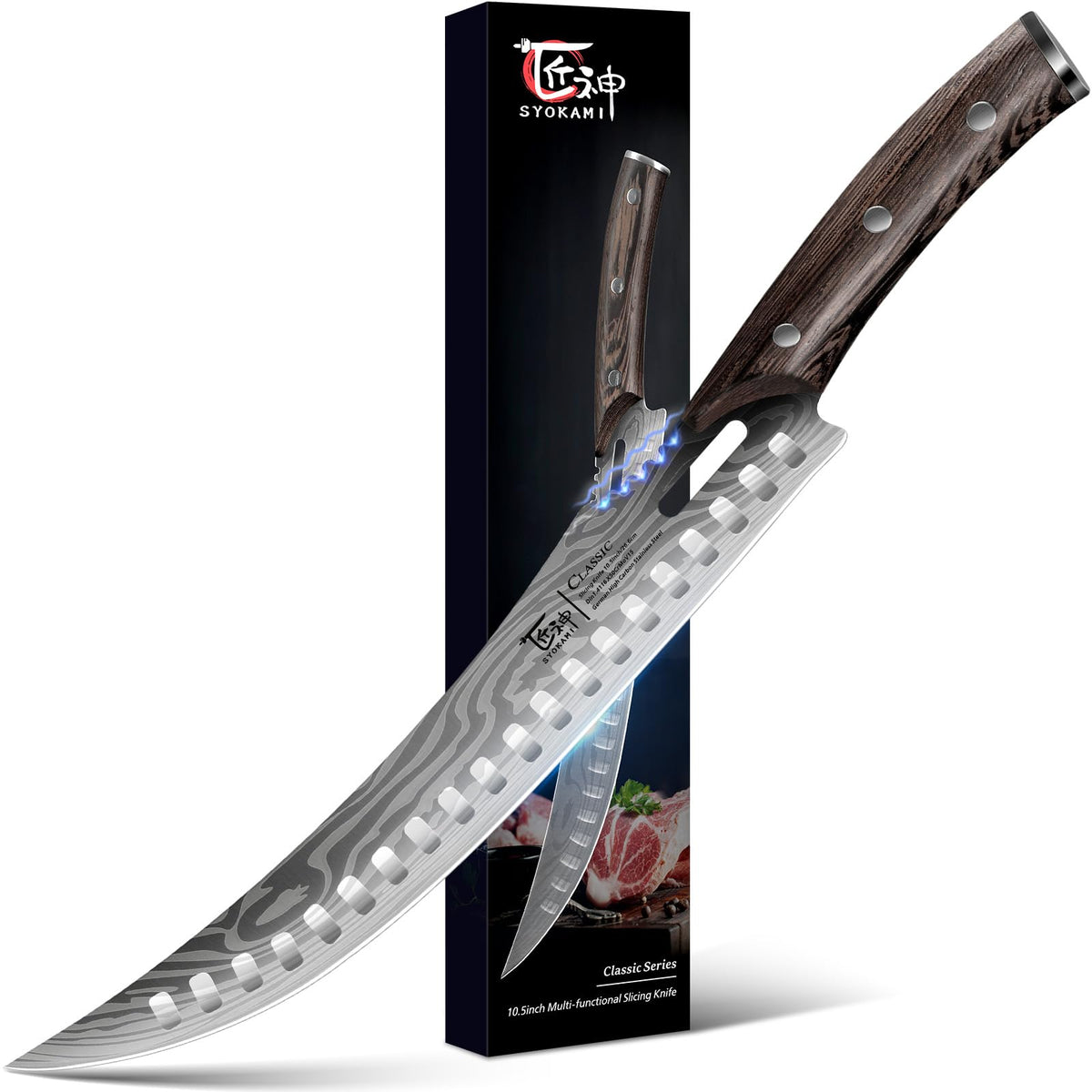 SYOKAMI butcher knife curved blade close-up for even steak slices.
