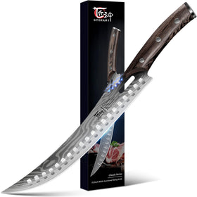 SYOKAMI butcher knife curved blade close-up for even steak slices.