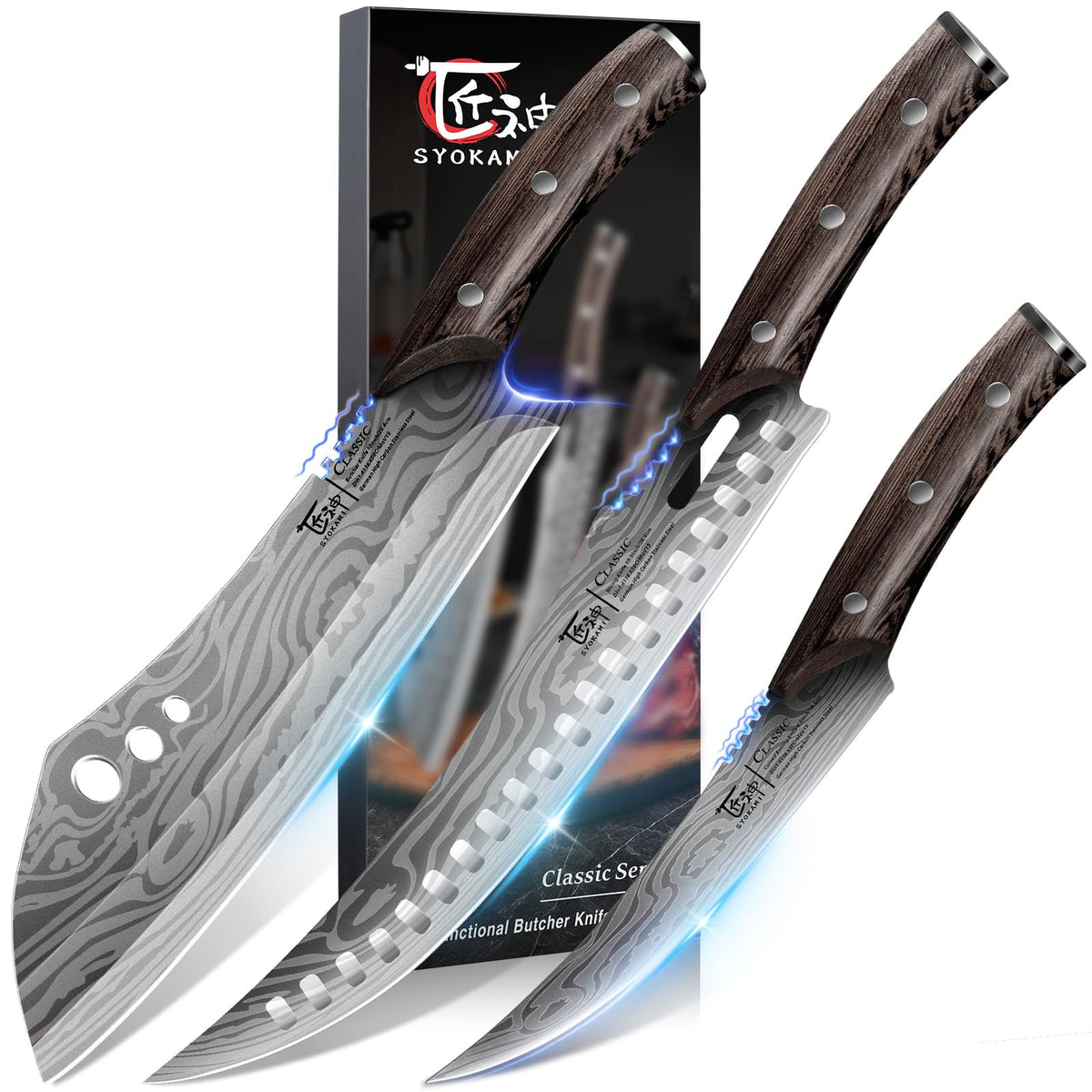 SYOKAMI butcher knife set side view highlighting balanced design for uniform slices