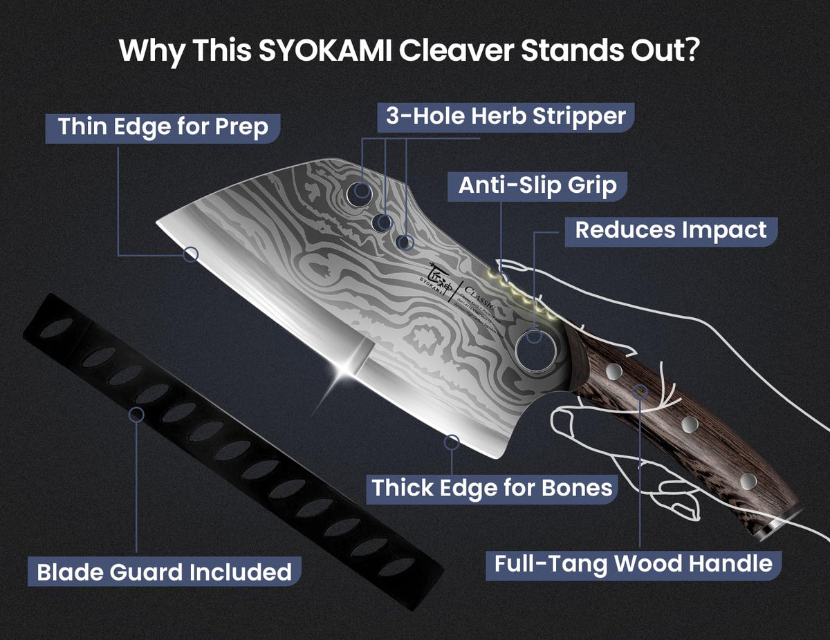 SYOKAMI Damascus-pattern blade showcases precise slicing and timeless design.