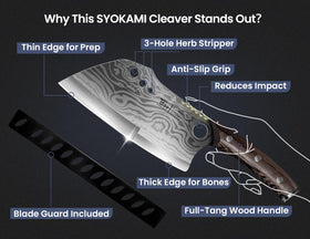 SYOKAMI Damascus-pattern blade showcases precise slicing and timeless design.
