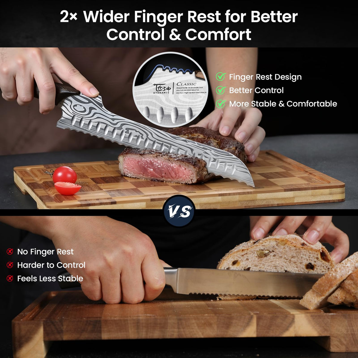 SYOKAMI dimpled blade reduces sticking for smoother slices