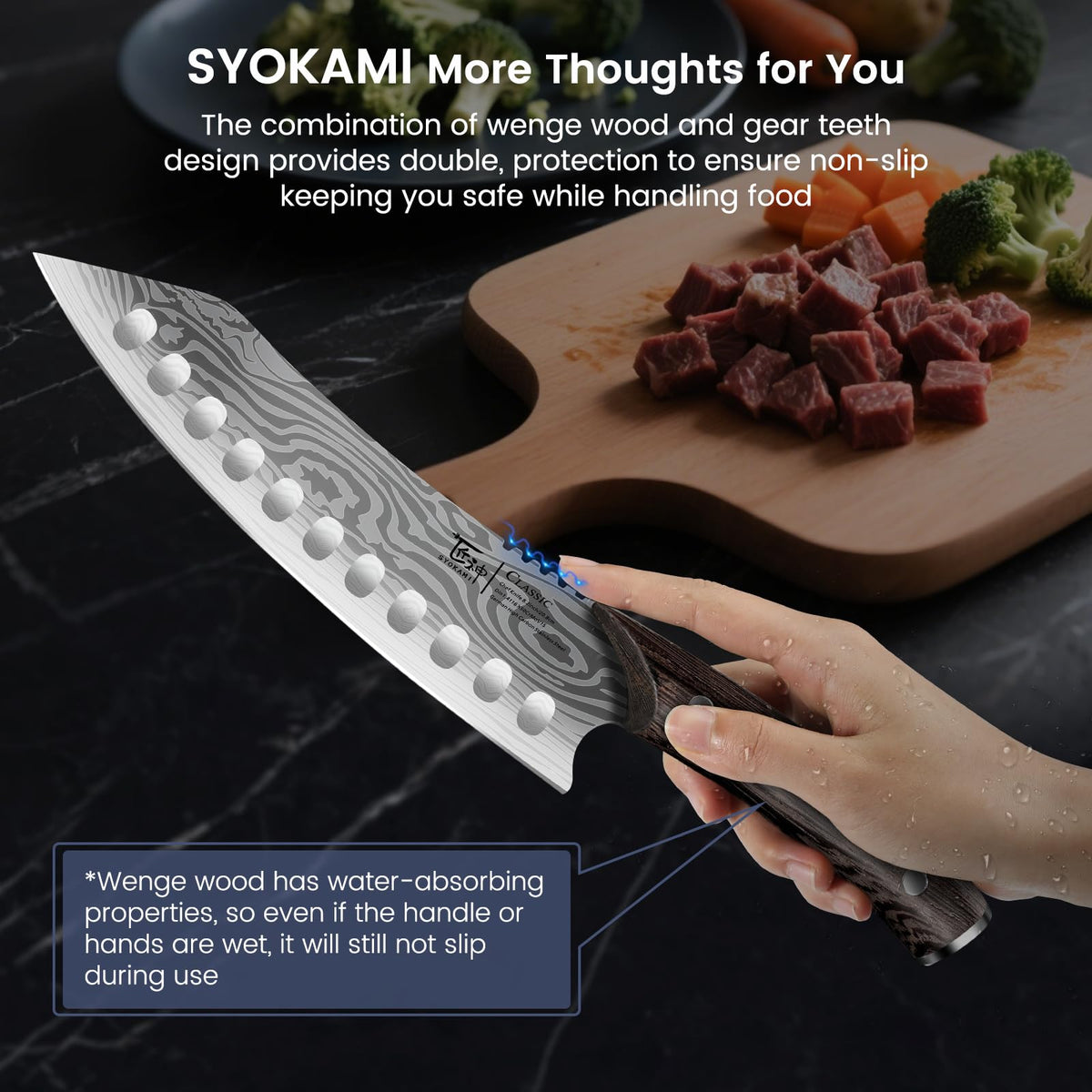 SYOKAMI Kiritsuke blade with Damascus pattern for sharp, stylish cuts.