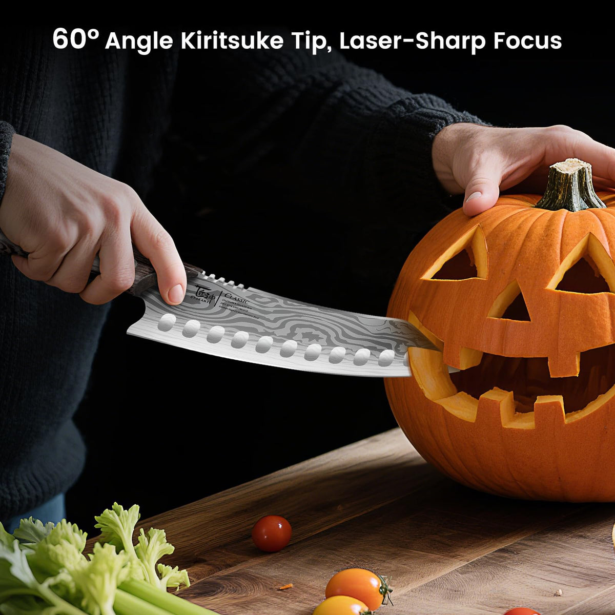 SYOKAMI Kiritsuke knife with guarded grip for safe handling during wet prep.