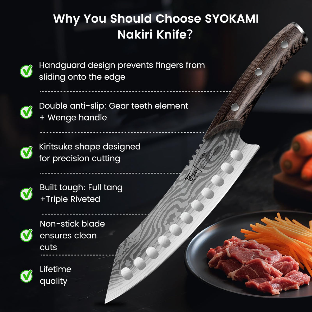 SYOKAMI wood handle FSC-certified for comfortable, eco-friendly grip.
