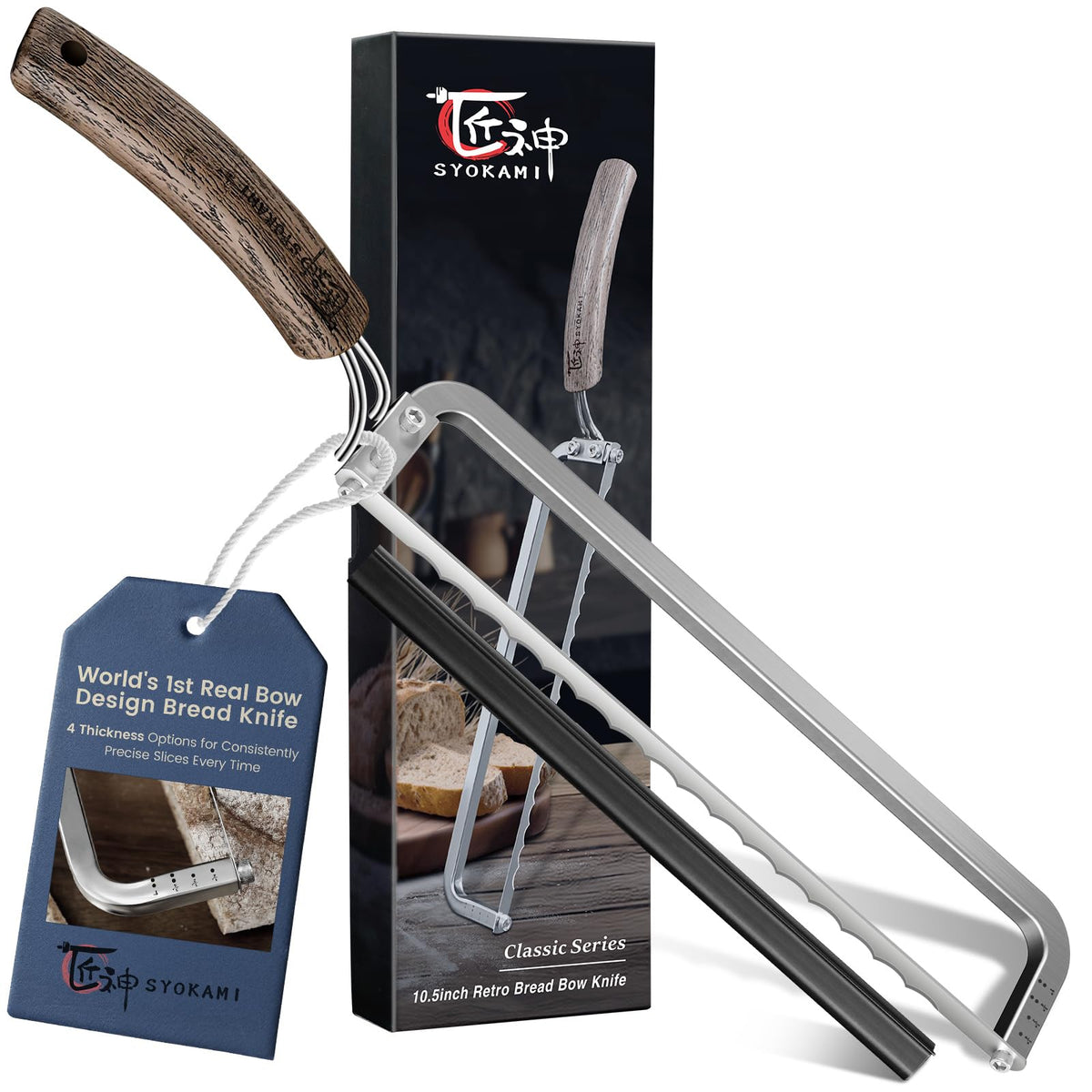 SYOKAMI left-handed bow-design bread knife showing crust-cutting precision
