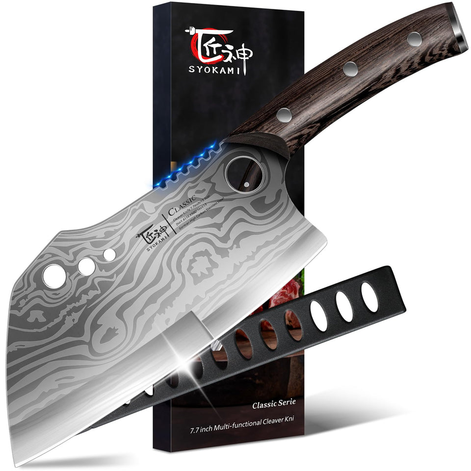SYOKAMI meat cleaver with wood handle for comfortable long chopping sessions.