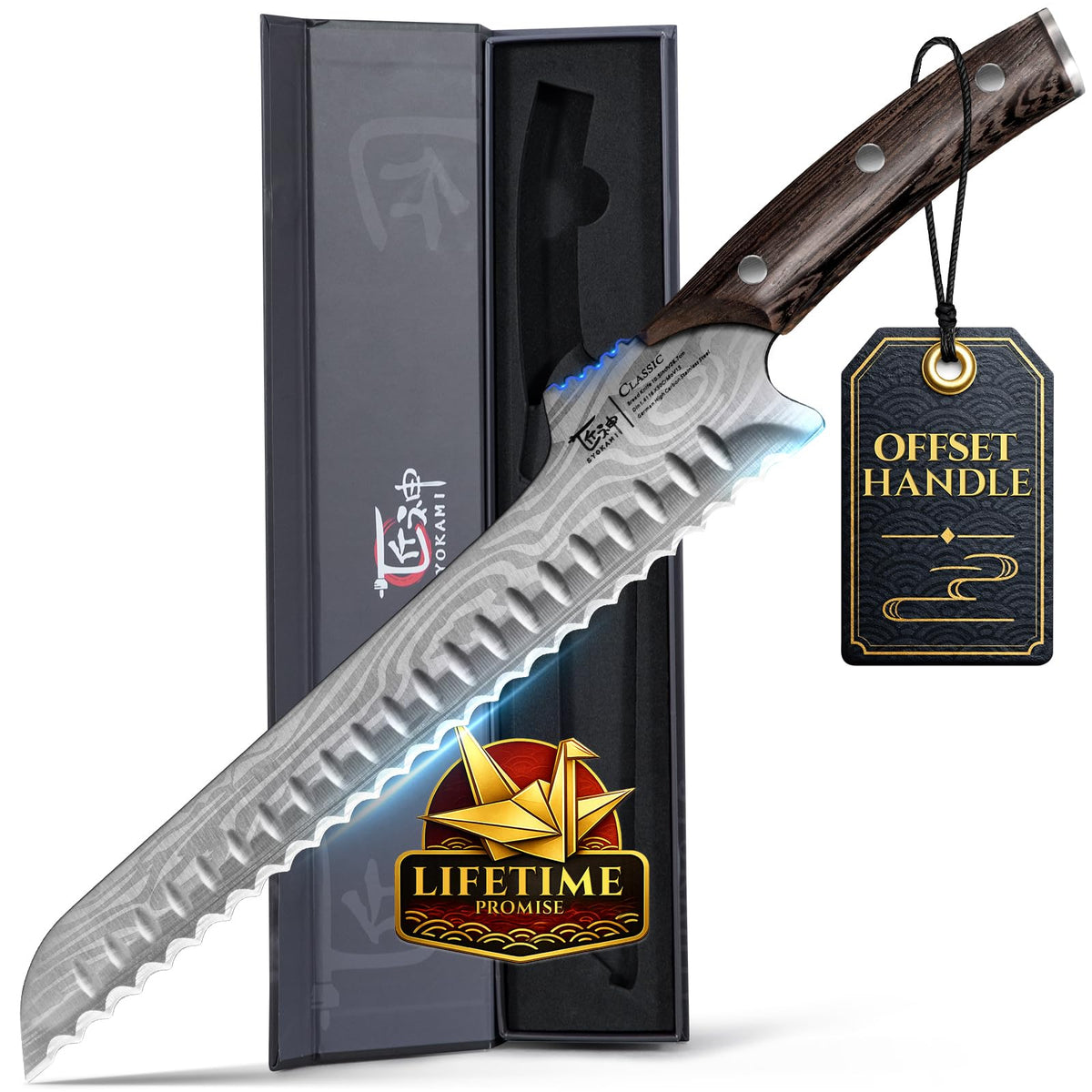 SYOKAMI offset bread knife with raised handle for safer slicing