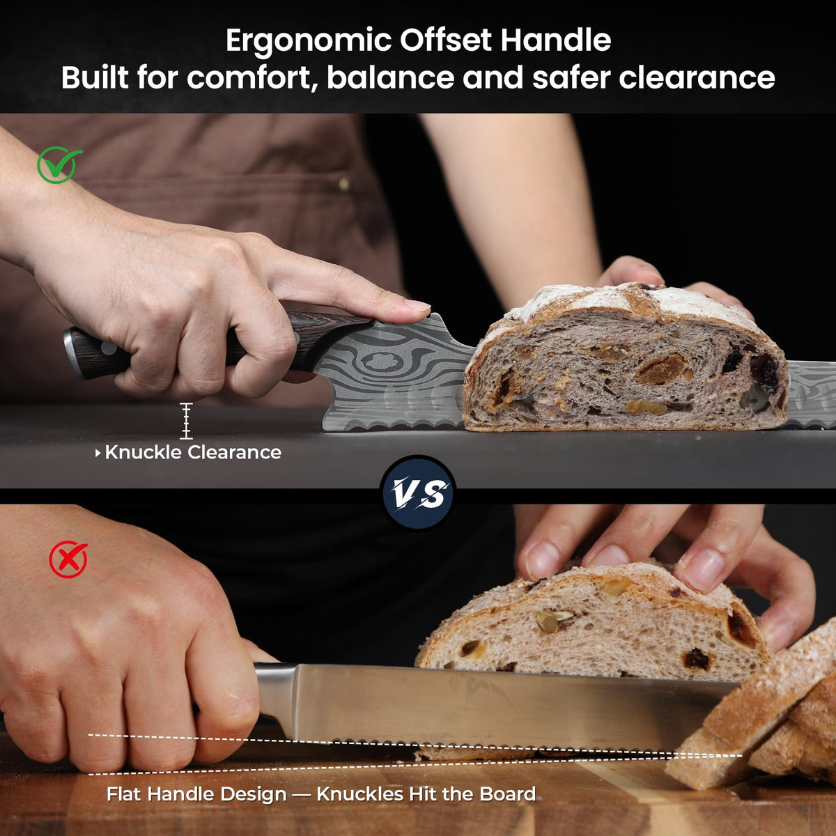 SYOKAMI serrated-contact blade for clean cuts on crusty bread