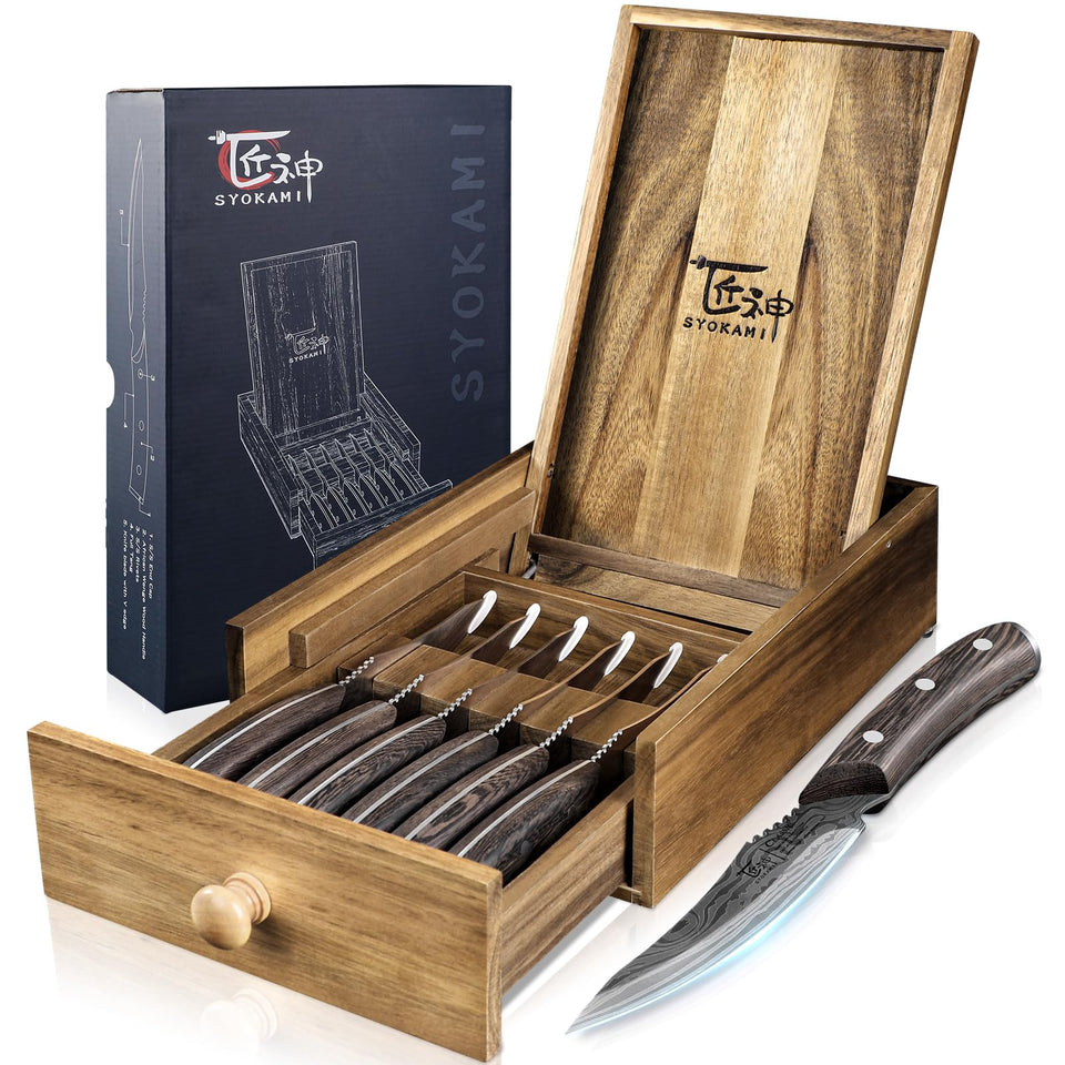 SYOKAMI steak knives with drawer organizer for tidy, easy access.