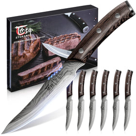 SYOKAMI steak knives set of 6 with damascus pattern for precise, clean steak slicing.