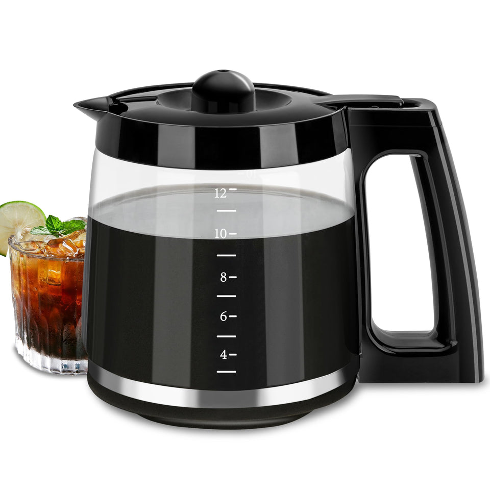 Syuebrew 12-Cup Glass Carafe with clear body for hot, flavorful coffee.