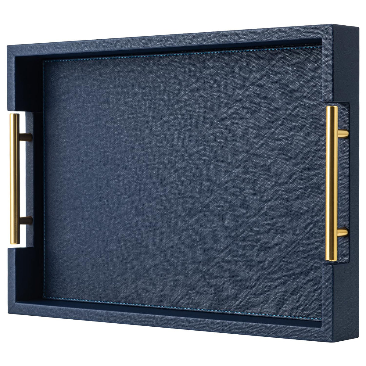 SYYSY navy blue faux leather tray with gold handles front view shows integrated convenience for serving