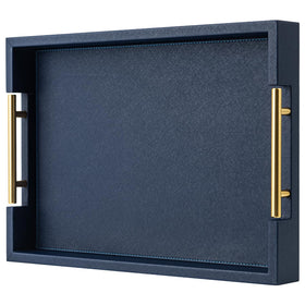 SYYSY navy blue faux leather tray with gold handles front view shows integrated convenience for serving