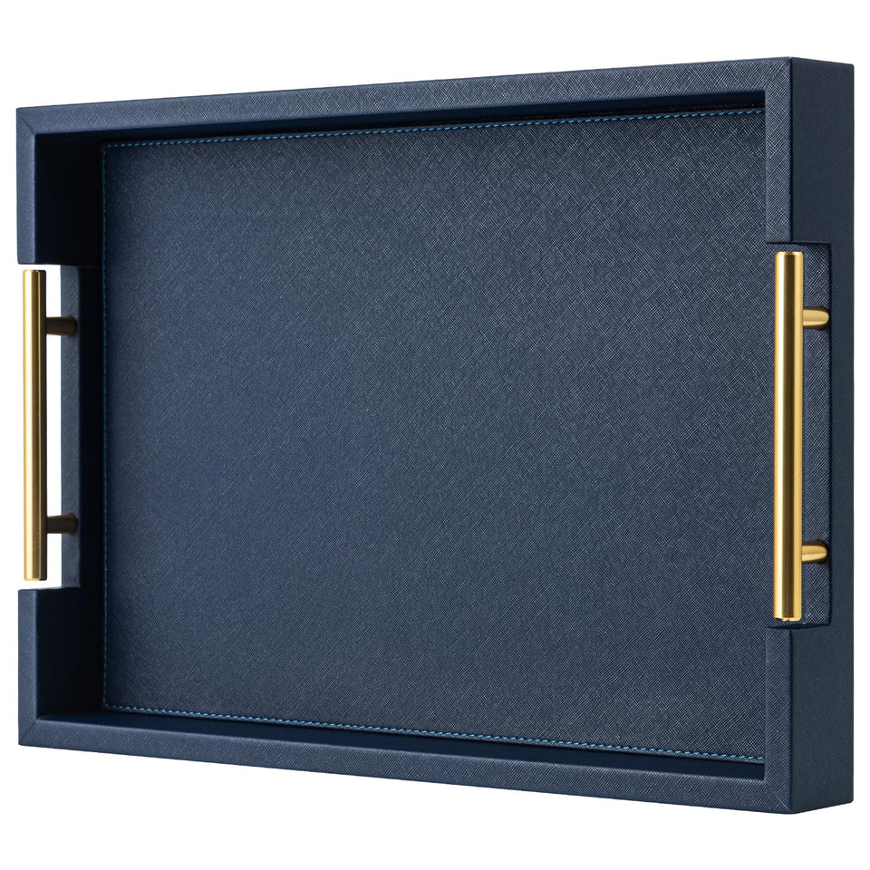 SYYSY navy blue faux leather tray with gold handles front view shows integrated convenience for serving