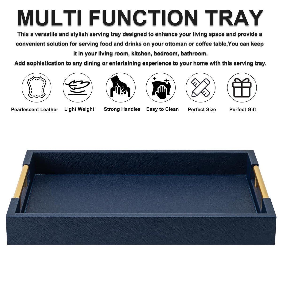 SYYSY navy blue tray on ottoman with coffee cup demonstrates easy, stylish serving