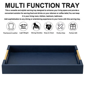 SYYSY navy blue tray on ottoman with coffee cup demonstrates easy, stylish serving
