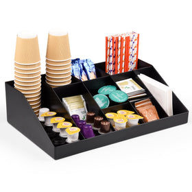 SZQINJI 10-compartment coffee condiment organizer keeps cups and pods neatly organized on a break room countertop
