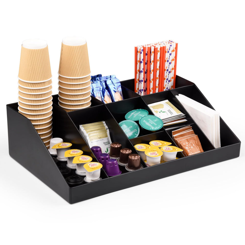SZQINJI 10-compartment coffee condiment organizer keeps cups and pods neatly organized on a break room countertop