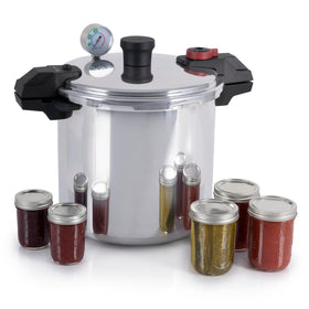 T-Fal 22-Qt pressure canner front view in polished aluminum for efficient family canning.