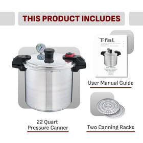 T-Fal 22Qt pressure canner with locking lid for safe operation.