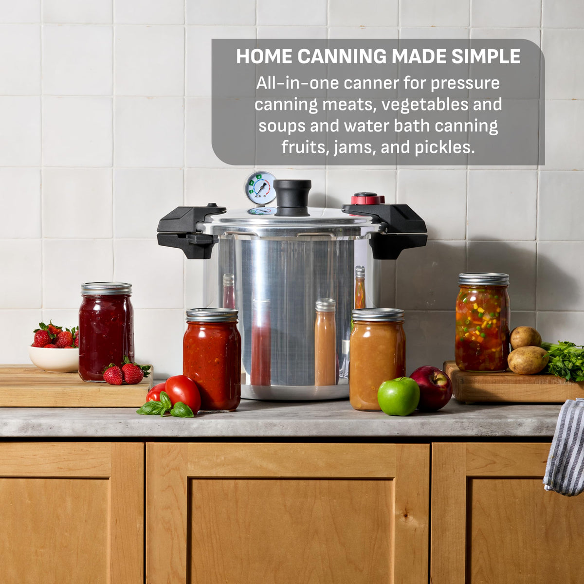 T-Fal pressure canner with ergonomic side handles for safe transport.