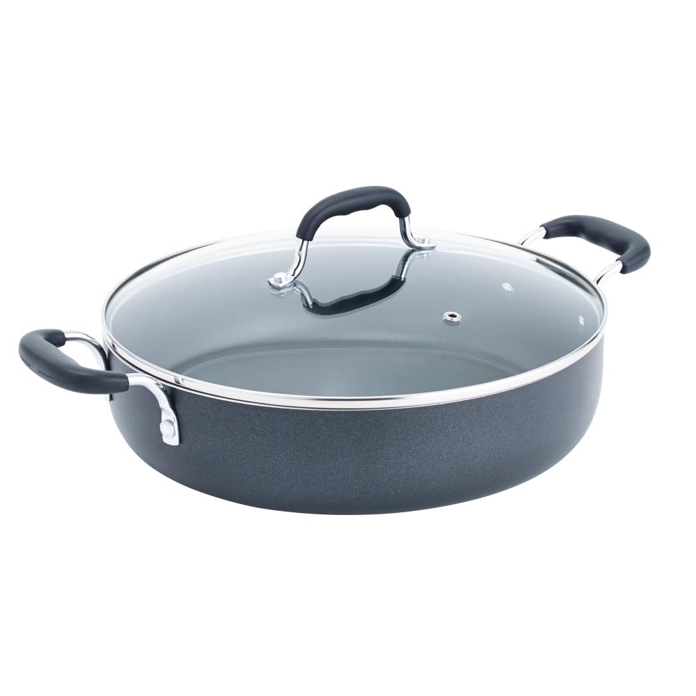 T-Fal B36282 pan side view with vented lid, easy cleanup