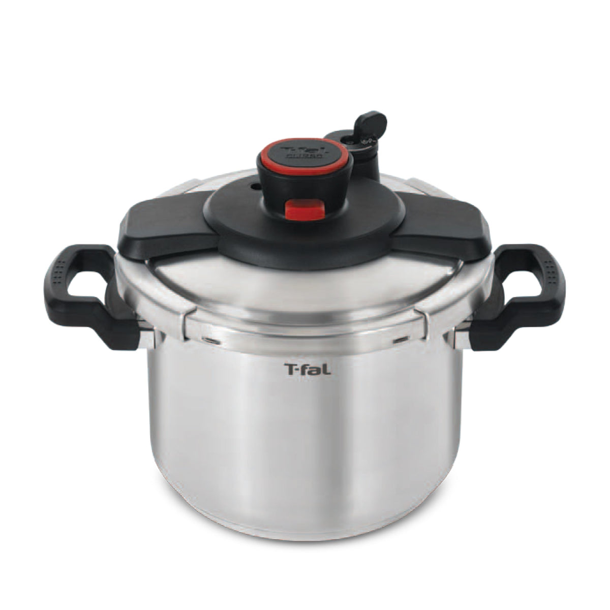 T-Fal Clipso 6.3qt pressure cooker with lid open, easy one hand access