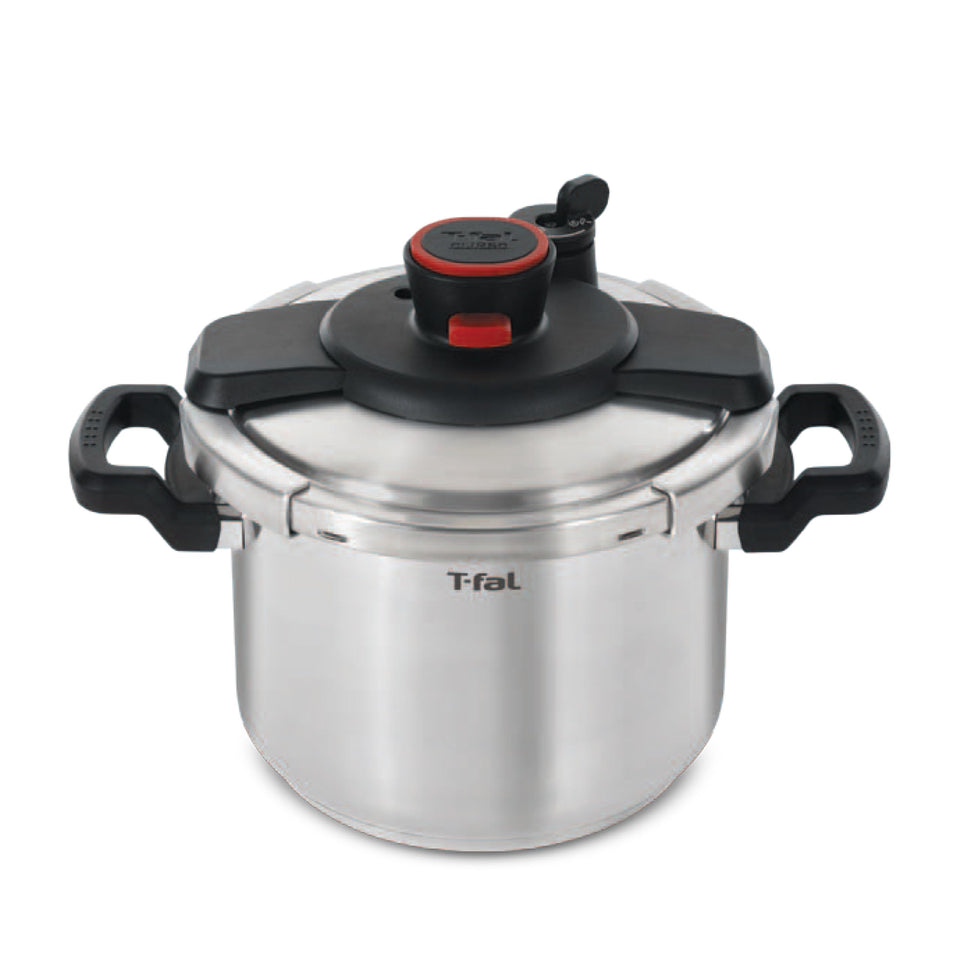 T-Fal Clipso 6.3qt pressure cooker with lid open, easy one hand access