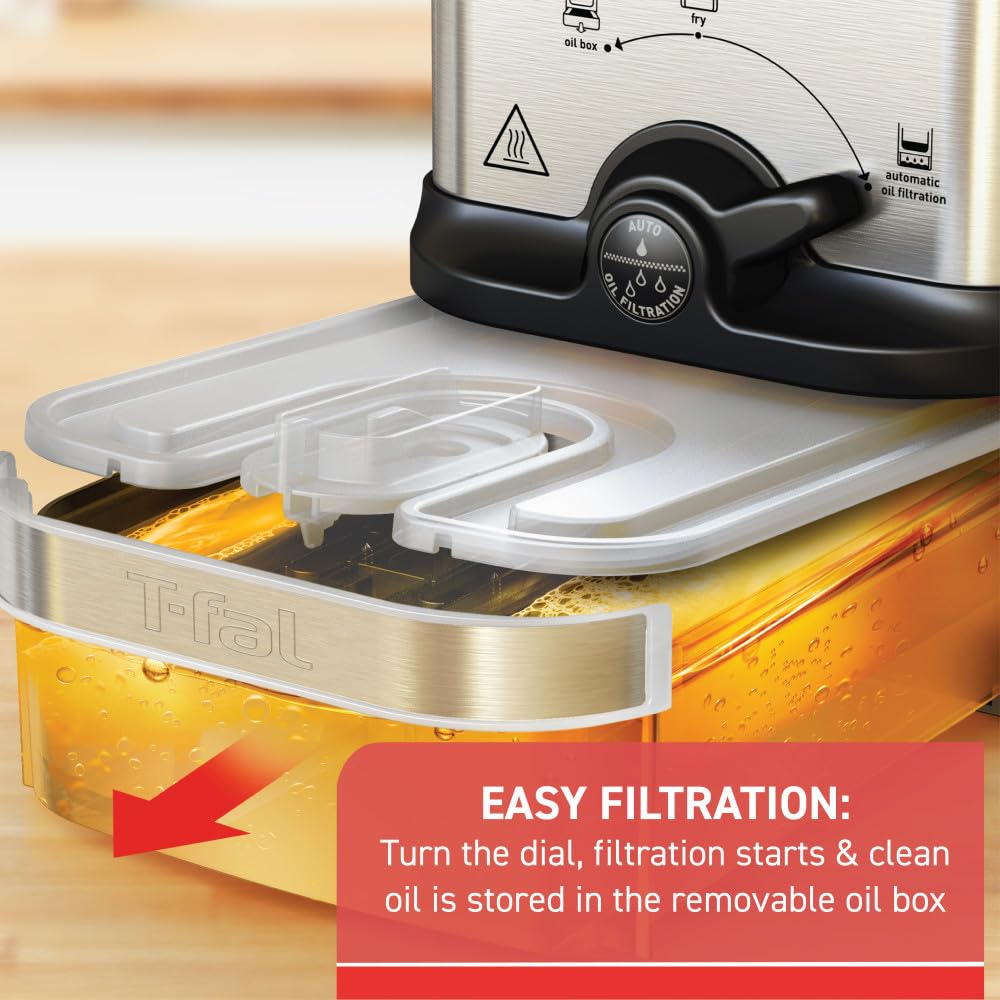 T-Fal oil filtration box stores used oil for future use with reduced odors.