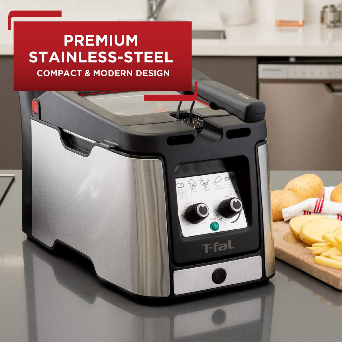 T-Fal Deep Fryer temperature control panel enables precise frying for various foods