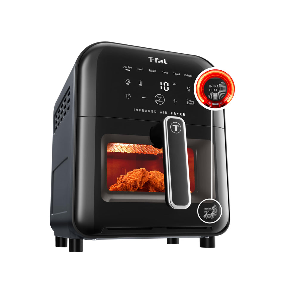 T-Fal Infrared Air Fryer front view showing compact countertop design for quick meals