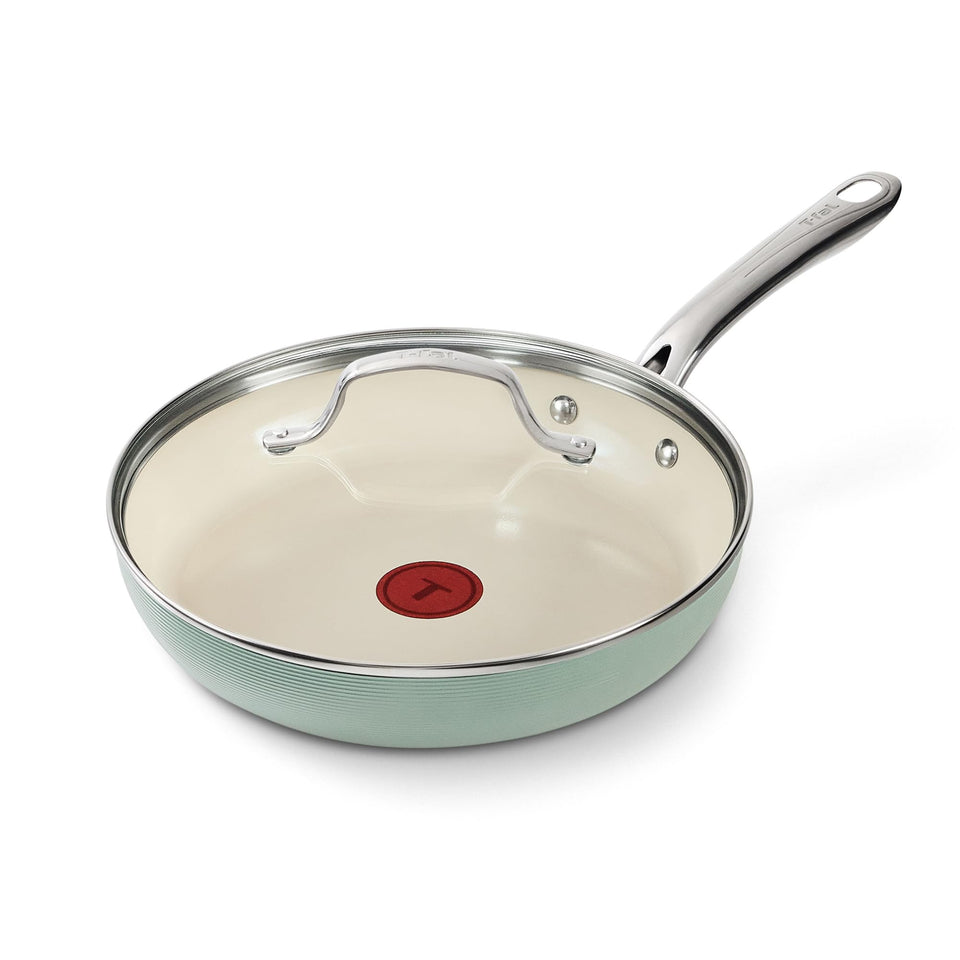 T-Fal Inspire ceramic frying pan 10.5-inch with lid shows easy release for sautéing