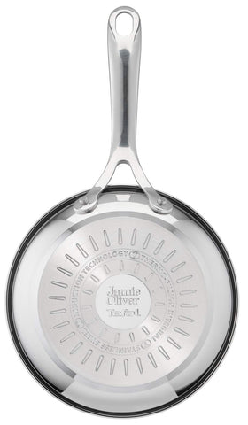 T-Fal Jamie Oliver Cooks Direct 24cm pan with tough non-stick for quick cleanup.