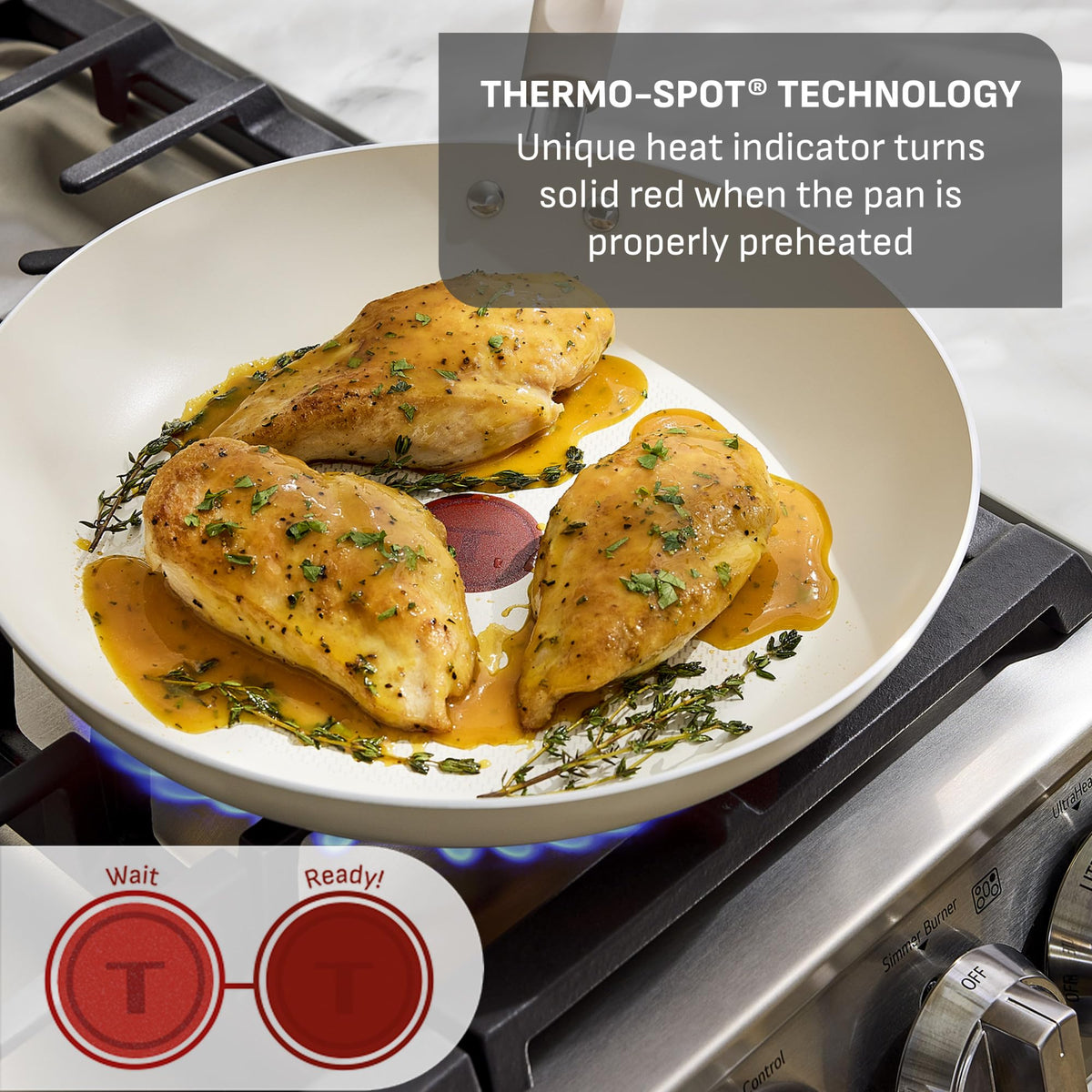 T-Fal Signature riveted bakelite handle provides a secure and comfortable grip.