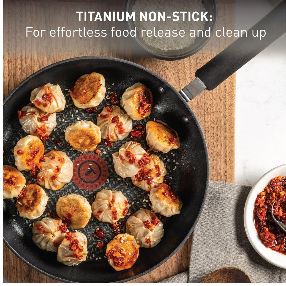 Titanium reinforced nonstick interior promotes easy food release and quick cleanup.