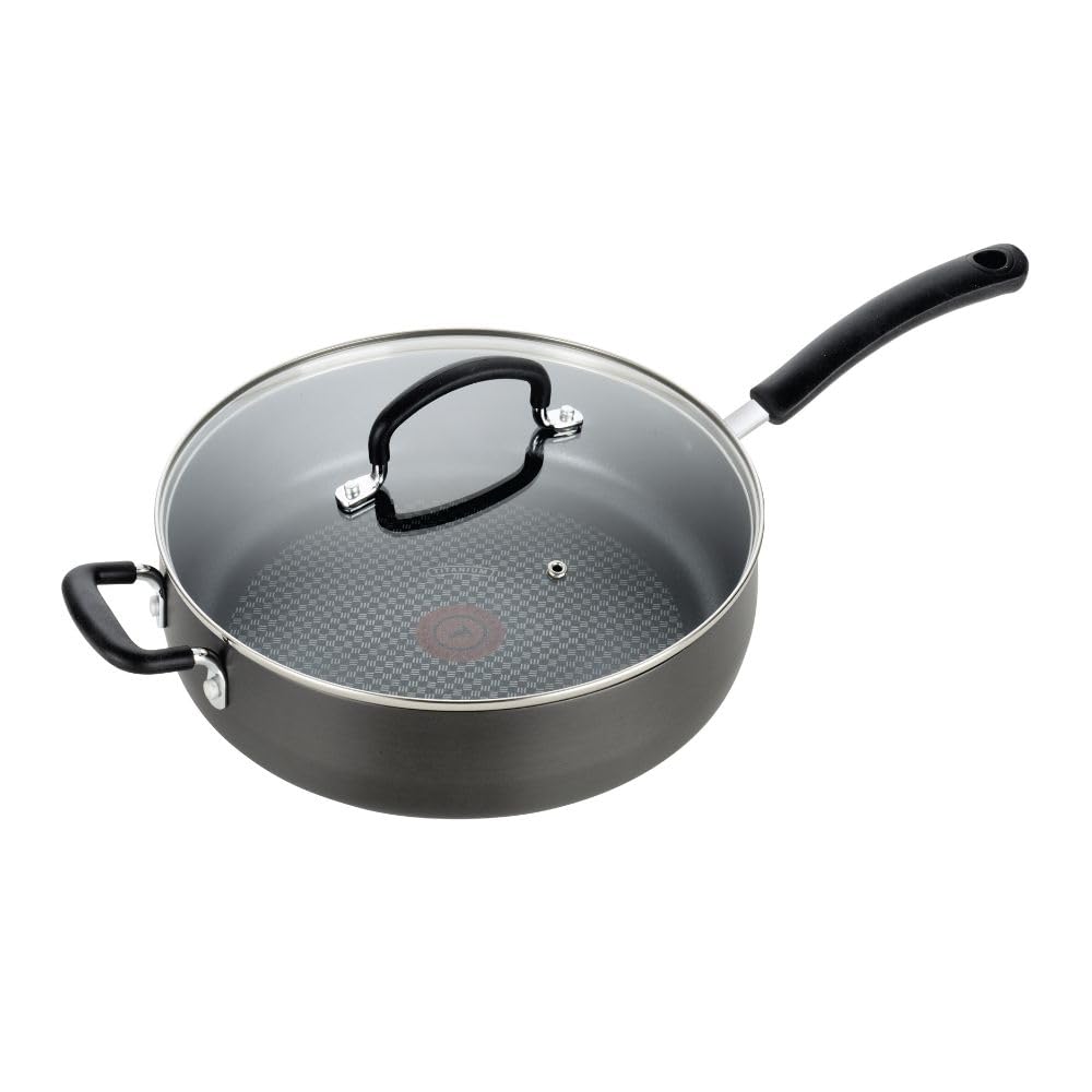T-Fal Ultimate hard anodized jumbo cooker with lid, ideal for deep frying and braising.