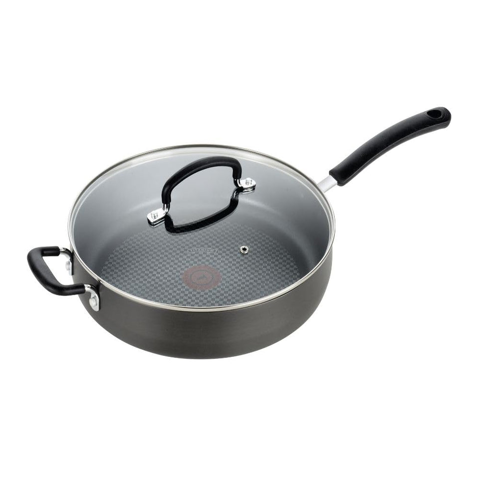 T-Fal Ultimate hard anodized jumbo cooker with lid, ideal for deep frying and braising.