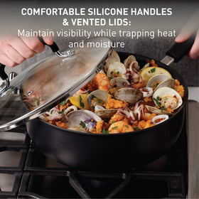Vented tempered glass lid traps heat and moisture while keeping progress visible.