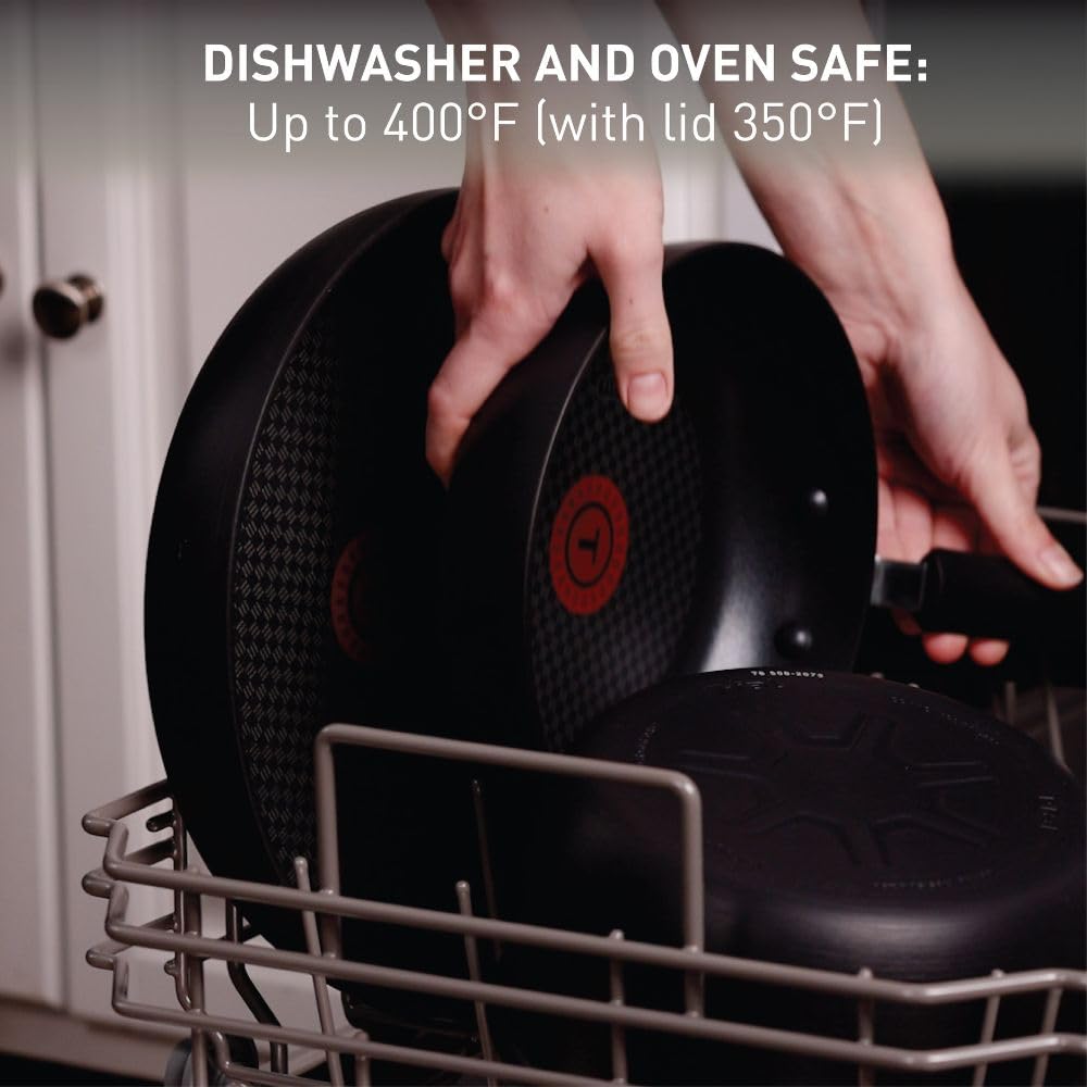 T-Fal vented tempered glass lids trap heat and keep contents visible.