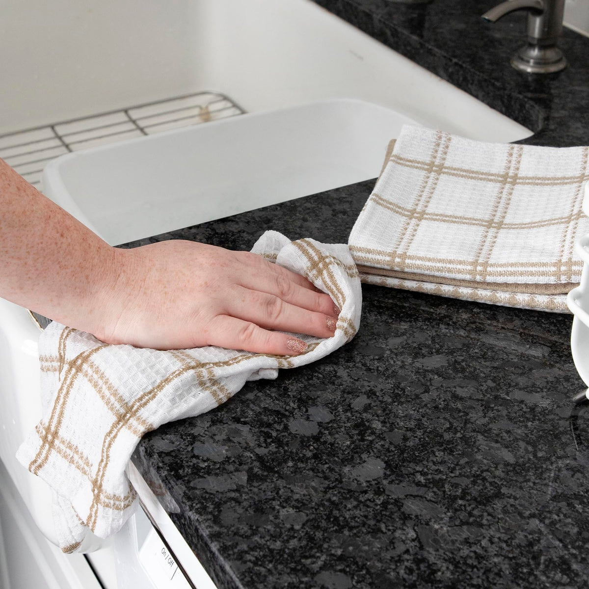 T-Fal waffle cloths in use, drying dishes quickly.