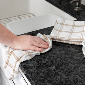 T-Fal waffle cloths in use, drying dishes quickly.