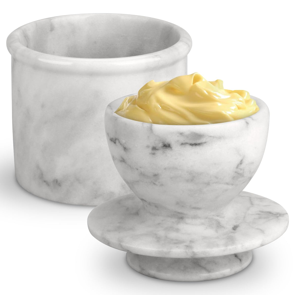 TABHOUKIT butter crock with lid on marble white, stylish counter storage
