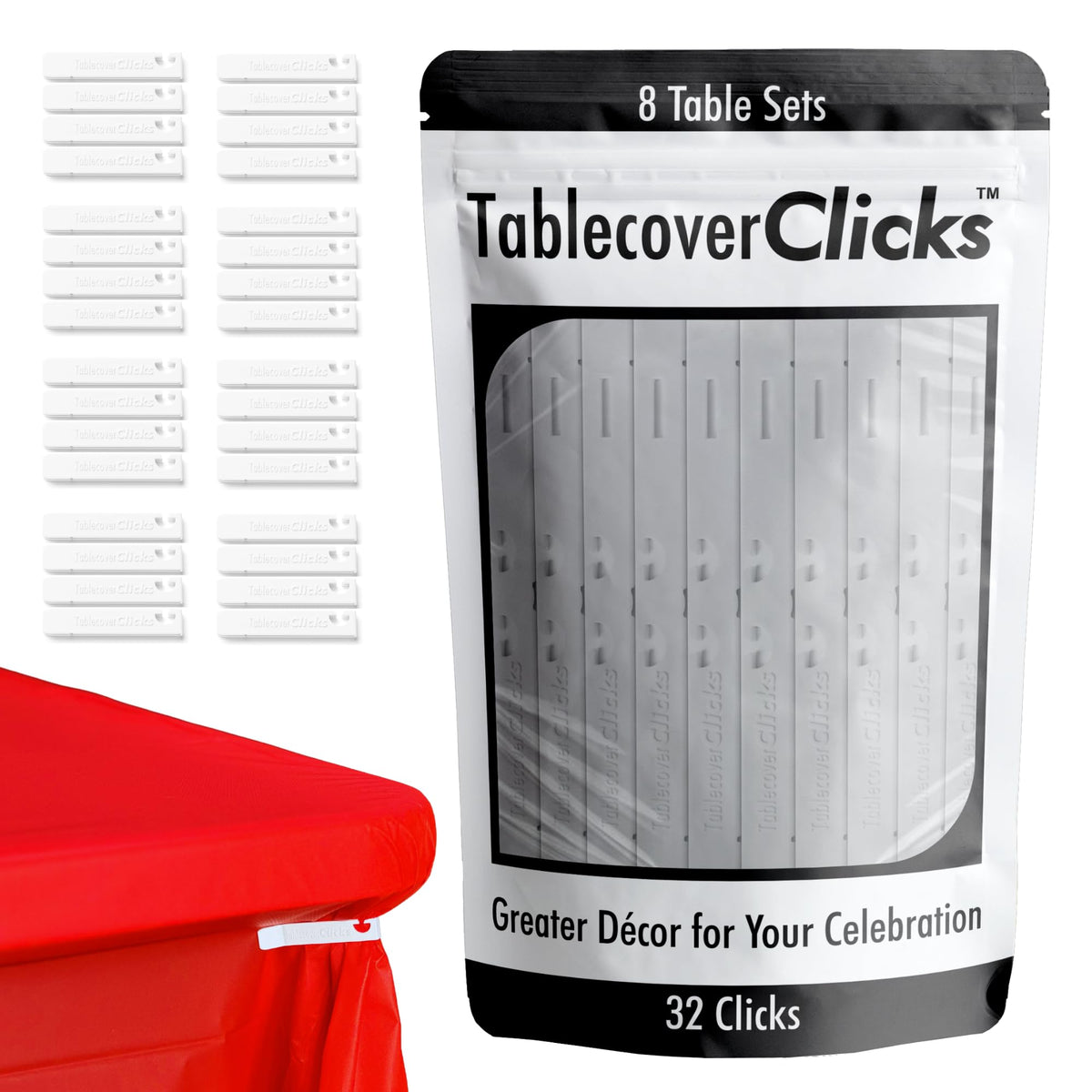 Table Cover Clicks 32-pack enables quick setup and reusable clips for multiple tables.
