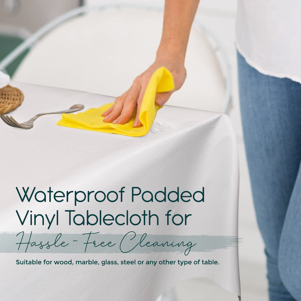 Tablecloths by Design cushioned flannel backing provides gentle protective coverage.