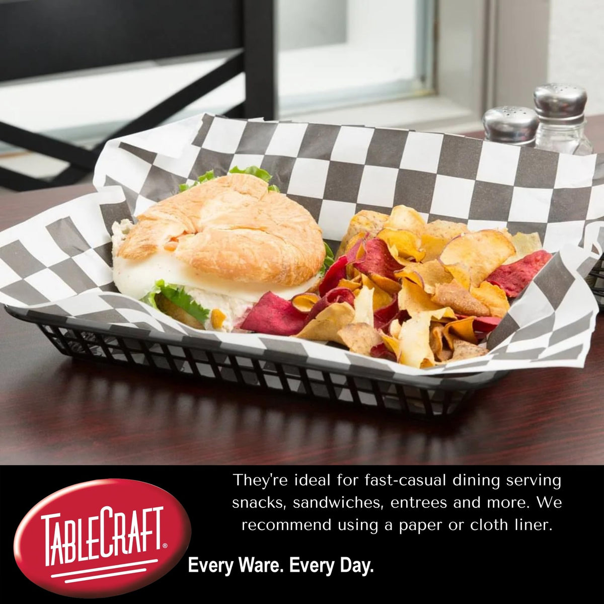 TableCraft C1079BK basket in a cafe kitchen, easy dishwasher-safe cleaning.