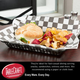 TableCraft C1079BK basket in a cafe kitchen, easy dishwasher-safe cleaning.