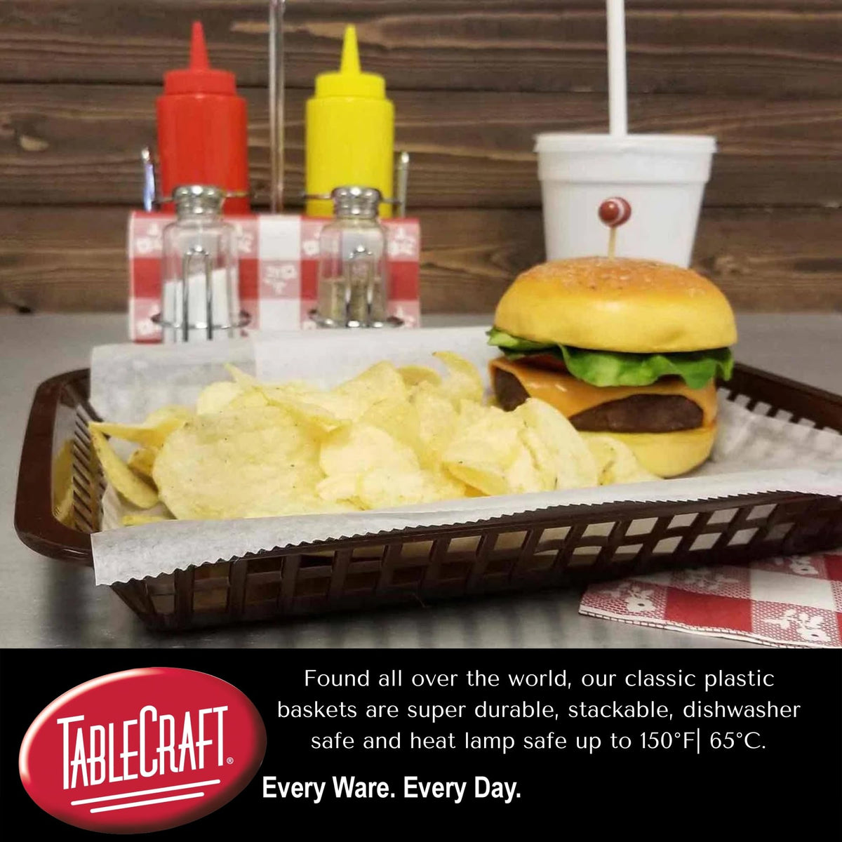 TableCraft C1079BK basket stacked display, space-saving storage in busy kitchens.