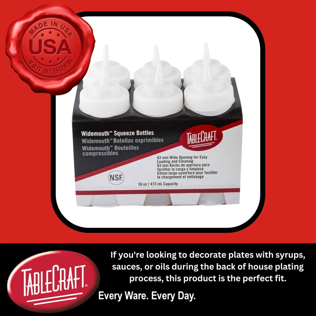 TableCraft C11663C cone-tip nozzle shows precise pouring for sauces.