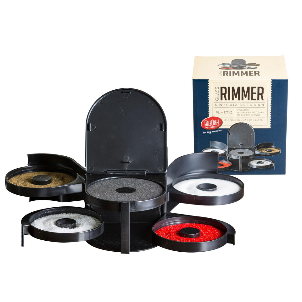 Tablecraft Glass Rimming Station with five swing-out trays for efficient rim prep